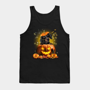 Black Dachshund Spooky Halloween Pumpkin Dog Head Tank Top